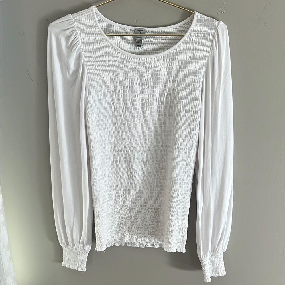 White Puff Sleeve Crew Neck Smocked Blouse